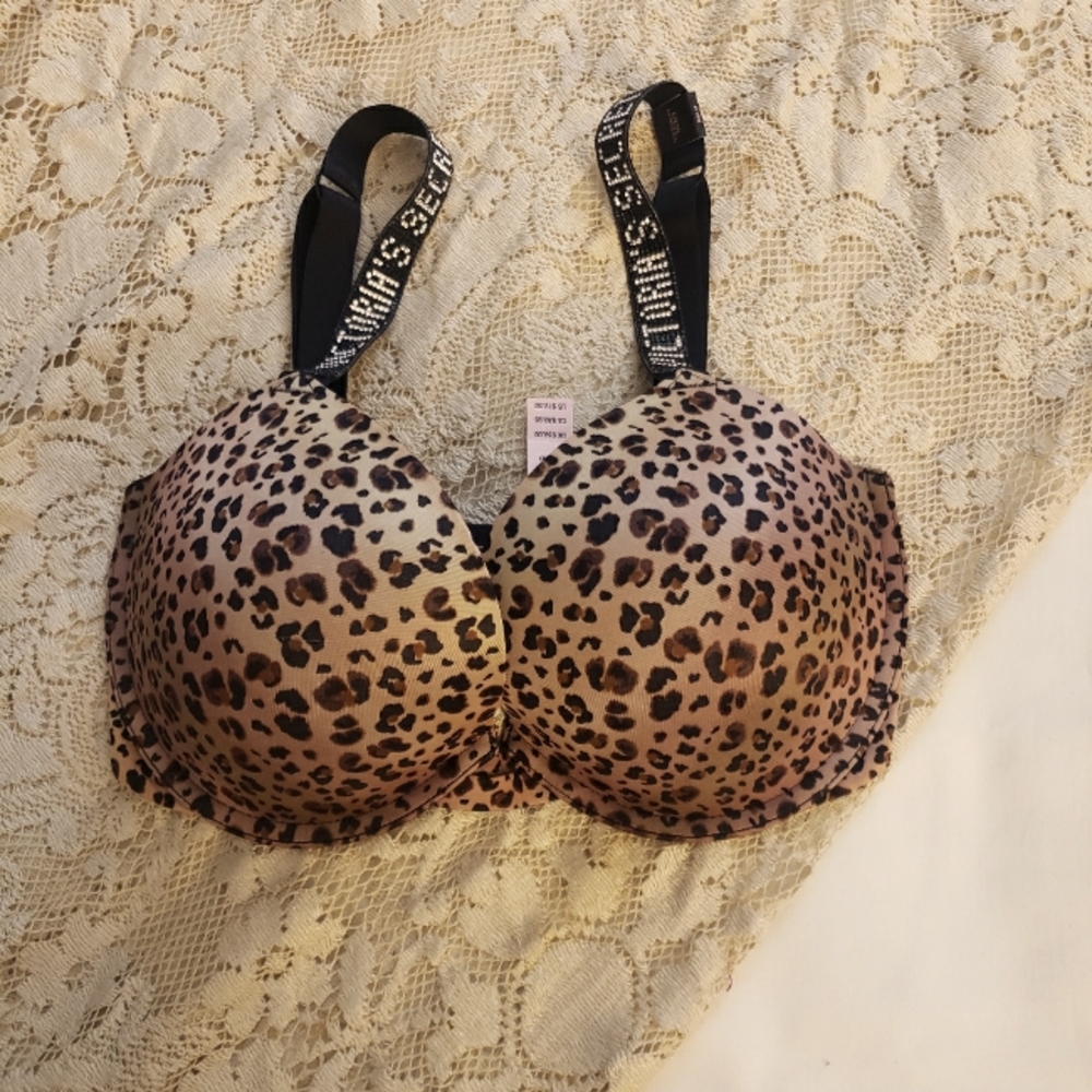 Victoria's Secret very sexy animal print pushup bra bling logo straps